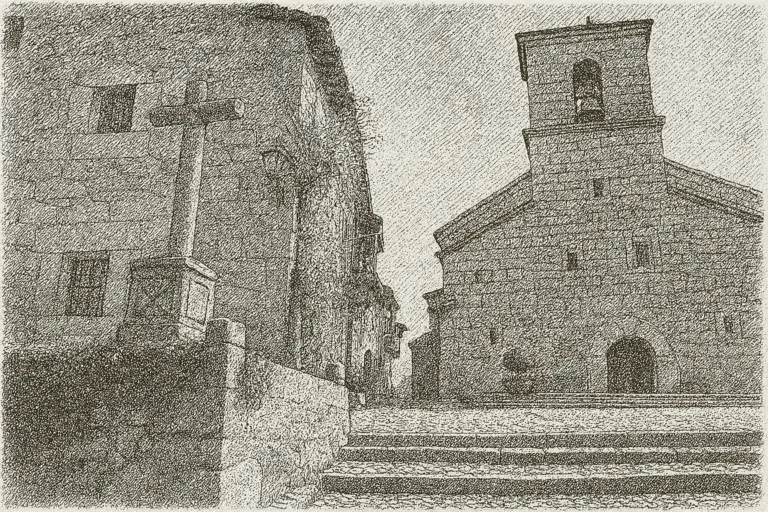 Ilustración en blanco y negro de estilo plumilla de la iglesia de Piedralaves, con su torre campanario y una cruz de piedra en primer plano, rodeada de casas tradicionales y calle empedrada.