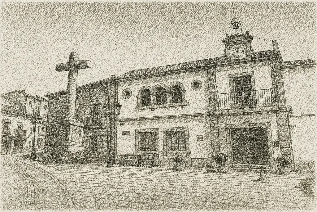 Ilustración en blanco y negro de estilo plumilla del ayuntamiento de Santa María del Tiétar, con fachada con reloj, balcones y plaza empedrada con cruz de piedra en primer plano.