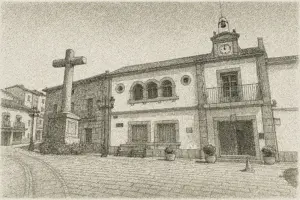 Ilustración en blanco y negro de estilo plumilla del ayuntamiento de Santa María del Tiétar, con fachada con reloj, balcones y plaza empedrada con cruz de piedra en primer plano.