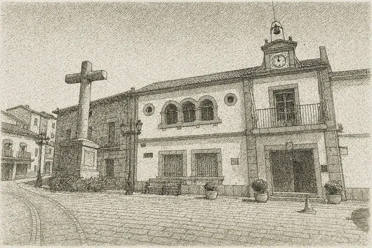 Ilustración en blanco y negro de estilo plumilla del ayuntamiento de Santa María del Tiétar, con fachada con reloj, balcones y plaza empedrada con cruz de piedra en primer plano.