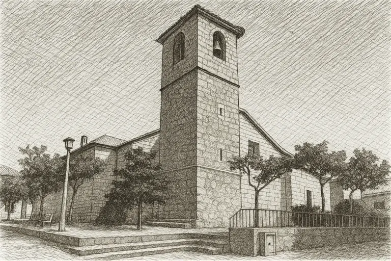 Ilustración en blanco y negro de estilo plumilla de la iglesia parroquial de Sotillo de la Adrada, con su característica torre campanario y entorno arbolado.
